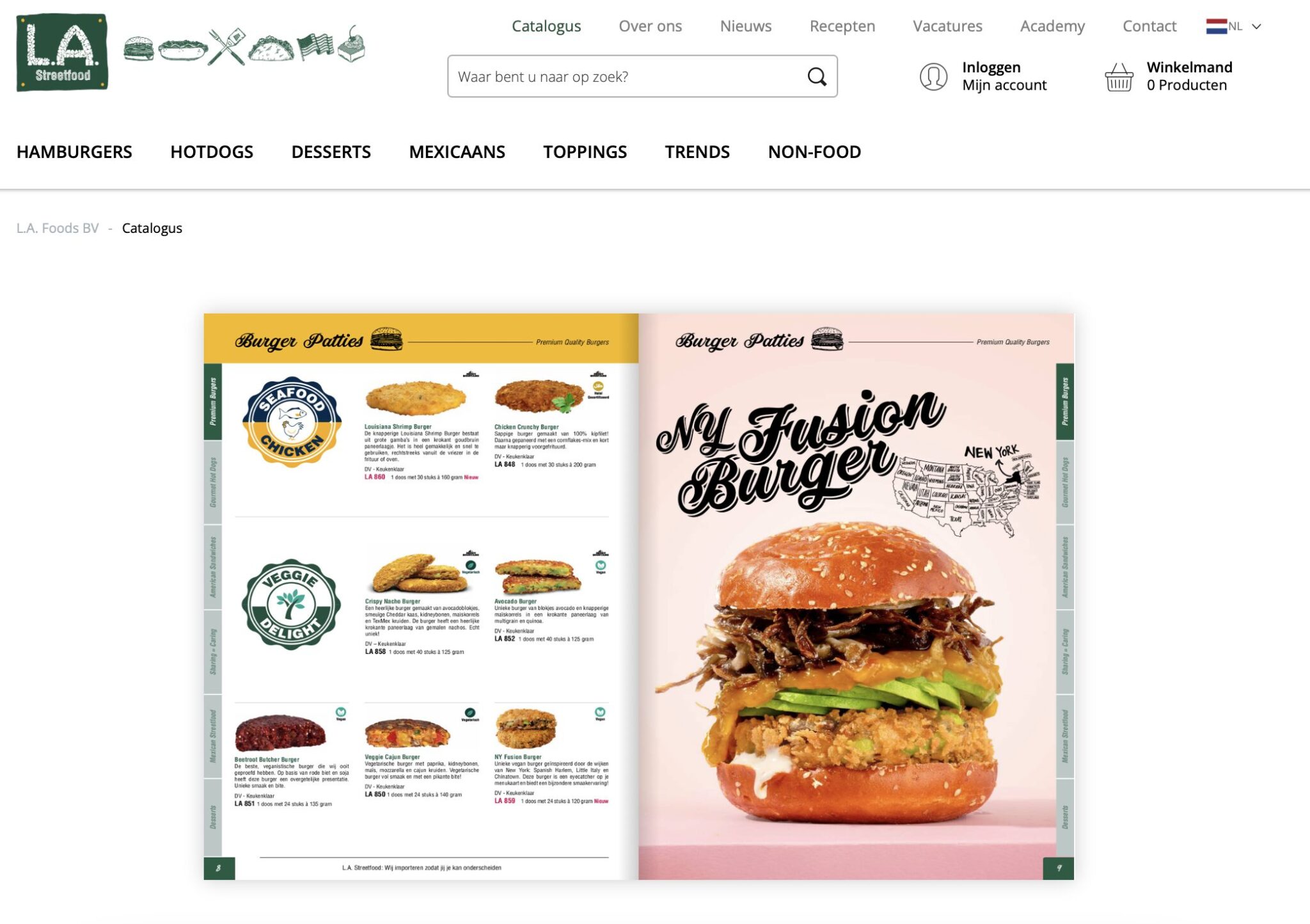 Screenshot van website van LA Streetfood die catalogus met foodfotografie laat zien