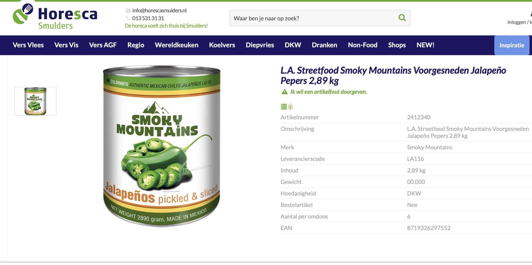 Afbeelding van een groot blik Smoky Mountains Jalapeño Peppers, voorgesneden, ingelegd en gesneden. Het blik toont groene jalapeño's en bevat 2,89 kg inhoud. Op de achtergrond is de productinformatie zichtbaar op een horecagroothandel website.
